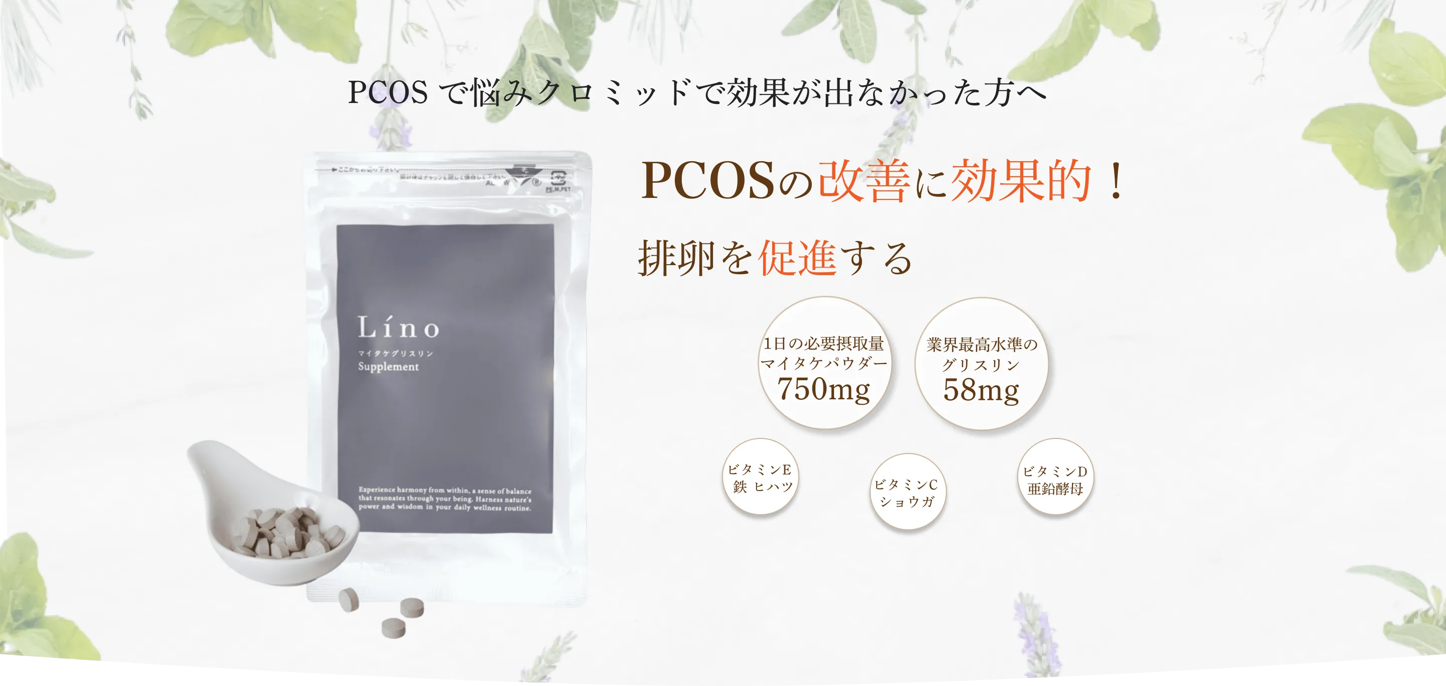 
    PCOSで悩みクロミッドで効果が出なかった方へ
    PCOSの改善に効果的！
    インスリン抵抗性を改善する
    1日の必要摂取量マイタケパウダー750mg
    業界最高水準のグリスリン58mg
    ビタミンE：鉄・ヒハツ
    ビタミンC：ショウガ
    ビタミンD：亜鉛酵母
    