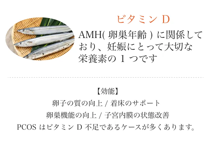 
          ビタミンD
          AMH(卵巣年齢)に関係しており、妊娠にとって大切な栄養素の1つです
          【効能】卵子の質の向上/着床のサポート 
          卵巣機能の向上/子宮内膜の状態改善PCOSはビタミンD不足であるケースが多くあります。
          