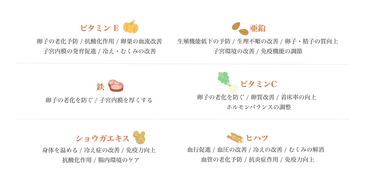 
        ビタミンE
        卵子の老化予防/抗酸化作用/卵巣の血流改善子宮内膜の発育促進/冷え・むくみの改善
        亜鉛
        生殖機能低下の予防/生理不順の改善/卵子・精子の質向上子宮環境の改善/免疫機能の調節
        鉄
        卵子の老化を防ぐ/子宮内膜を厚くする
        ビタミンC
        卵子の老化を防ぐ/卵質改善/着床率の向上/ホルモンバランスの調整
        ショウガエキス
        身体を温める/冷え症の改善/免疫力向上/抗酸化作用/腸内環境のケア
        ヒハツ
        血行促進/血圧の改善/冷えの改善/むくみの解消  血管の老化予防/抗炎症作用/免疫力向上
        